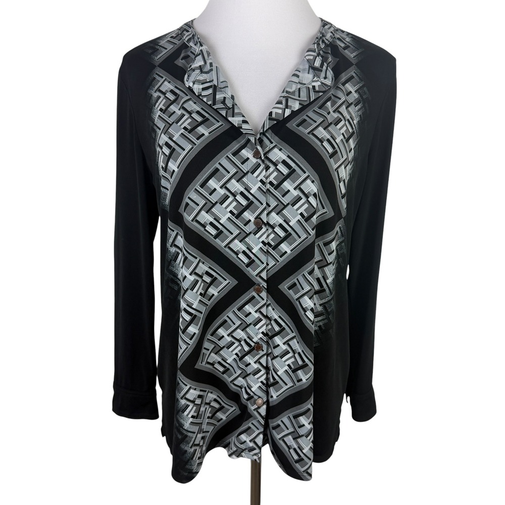 Dana Buchman Women's Large Black Gray Geometric Diamond Button Front Blouse